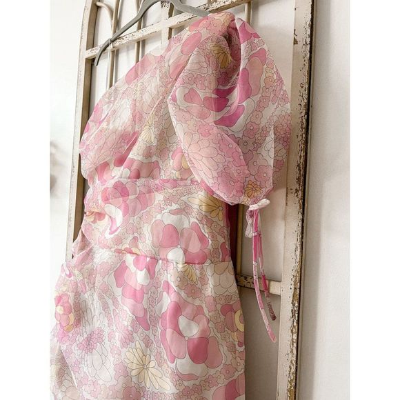 Amanda Uprichard Manuela Pink One Shoulder Mini Dress Floral Organza - Picture 4 of 8